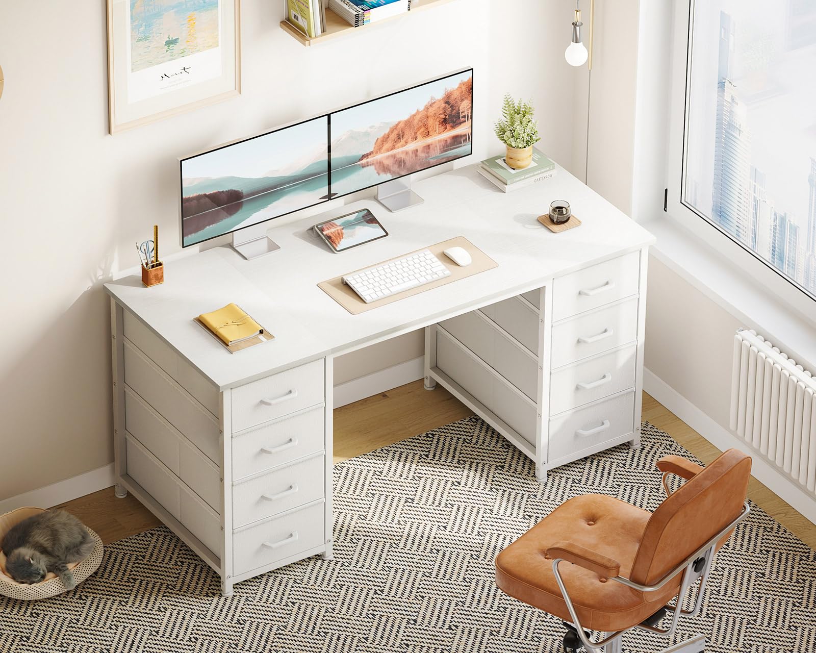 Coleshome Bureau avec 8 Tiroirs en Tissu, 120x48cm Bureau Blanc avec Rangement Table d'ordinateur Robuste, Table Informatique pour Salon Domicile