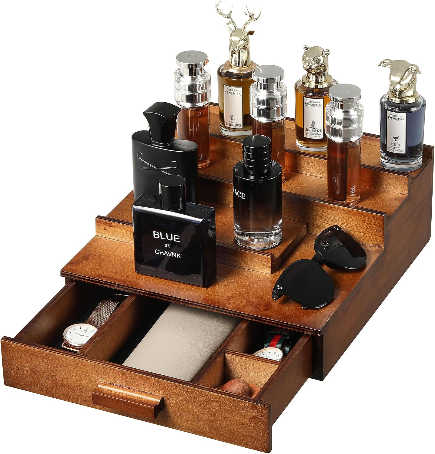 Cologne Organizer for Men, 4 Tier Solid Wood Perfume Organizer with Drawer & Hidden Compartment, Perfume Display Stand for Dressing Table, Great Gift for Man (Brown)