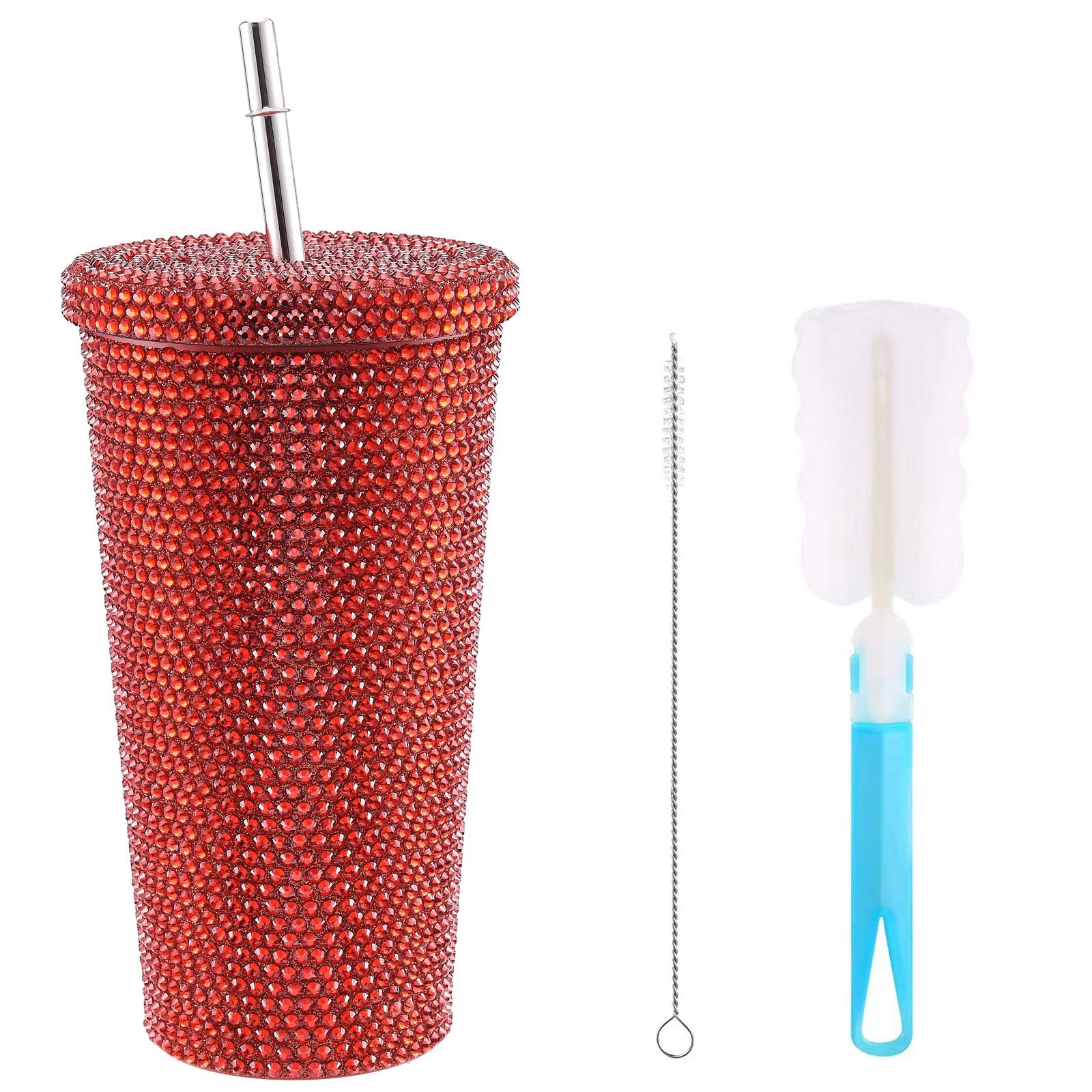 Studded Bling Rhinestone Tumbler 500ml Glitter Insulated Water Bottle with Lid and Straw Stainless Steel Vacuum Water Cup with Cup Brush and Straw Brushes for Women (Red)
