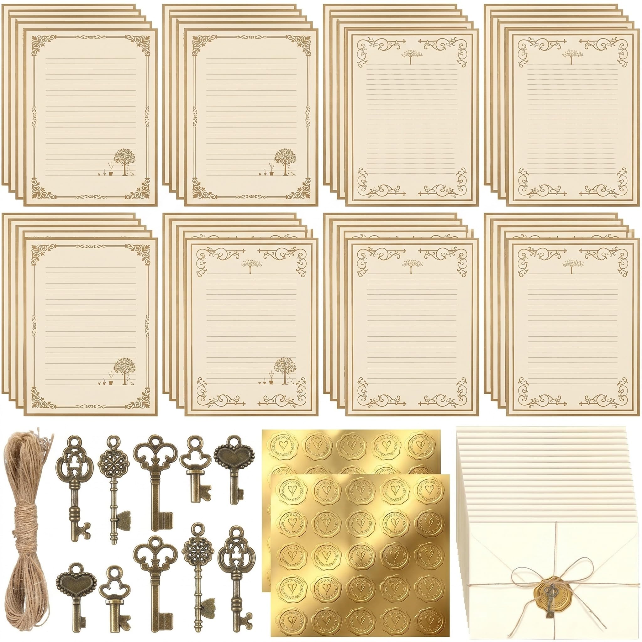 Zhanmai Set di 203 fogli di carta e buste vintage, 100 fogli a righe, con accessori retrò, pendenti, adesivi, corda per scrivere, stampare inviti (bordo dorato)