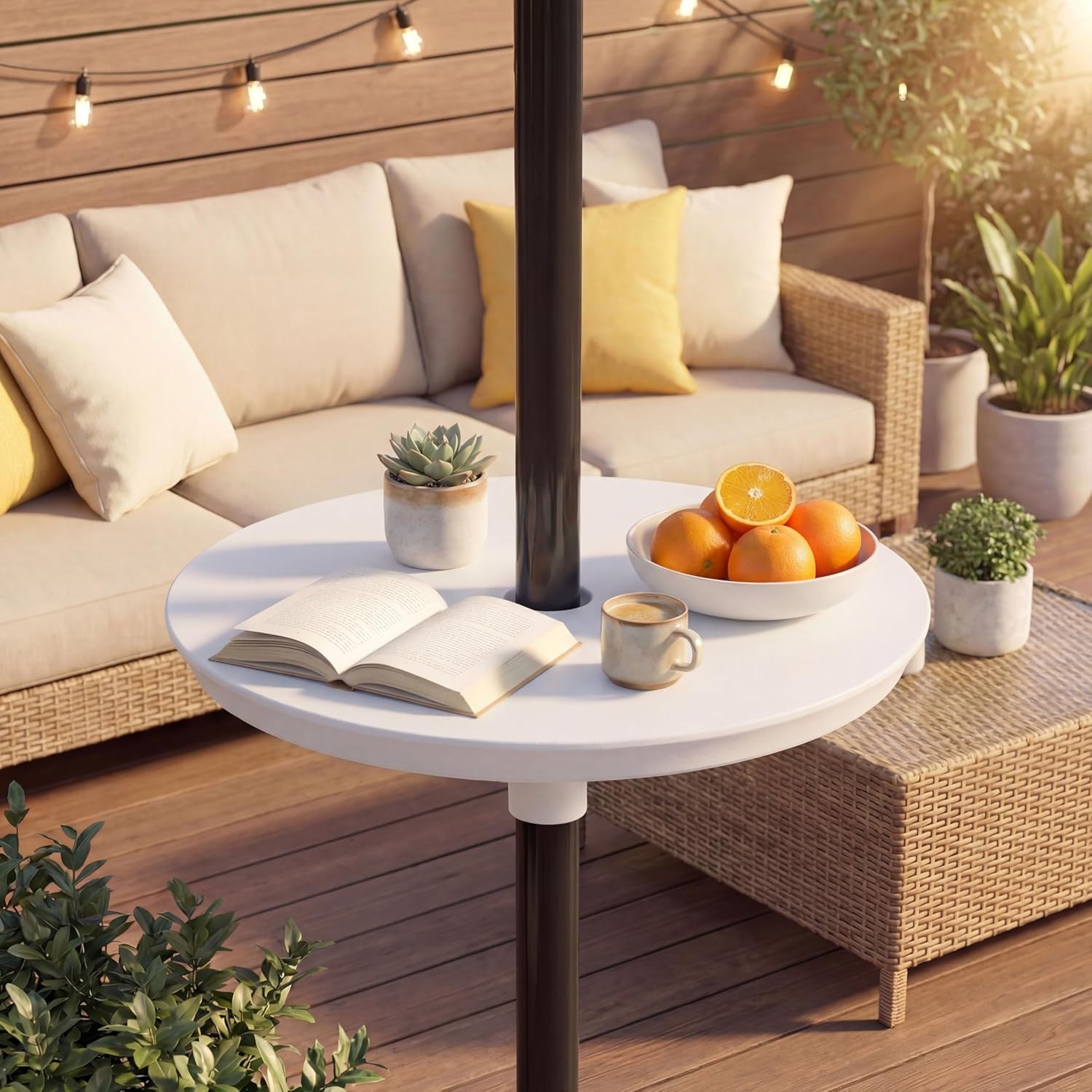 Giantex Umbrella Pole Table Tray - 20" Outdoor Side Table with Umbrella Hole, Height Adjustable Knob, All-Weather HDPE Matrial, for Patio, Backyard, Deck, Garden, Poolside (White)