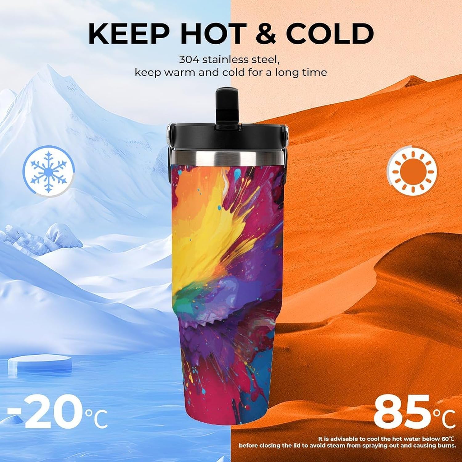 30oz Insulated Tumblers with Top Handle, Stainless Steel Colorful Paint Splatter Art in Many Colors Car Cup with Straw for Gift, Leak-Proof Double Wall Vacuum Travel Mug, Personalized Water Bottles Bl