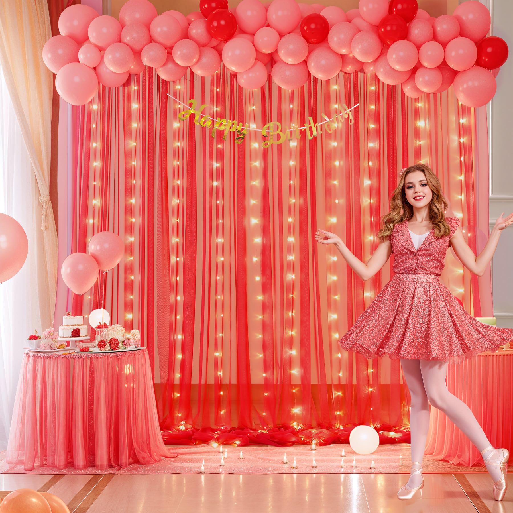 Photo 1 of 10ft x 10ft Red Tulle Photo Backdrop Curtain with Lights String for Christmas Party Red Sheer Curtain Backdrop Drapes for Birthday Party Wedding Holiday Photo Booth Background Home Room Decorations