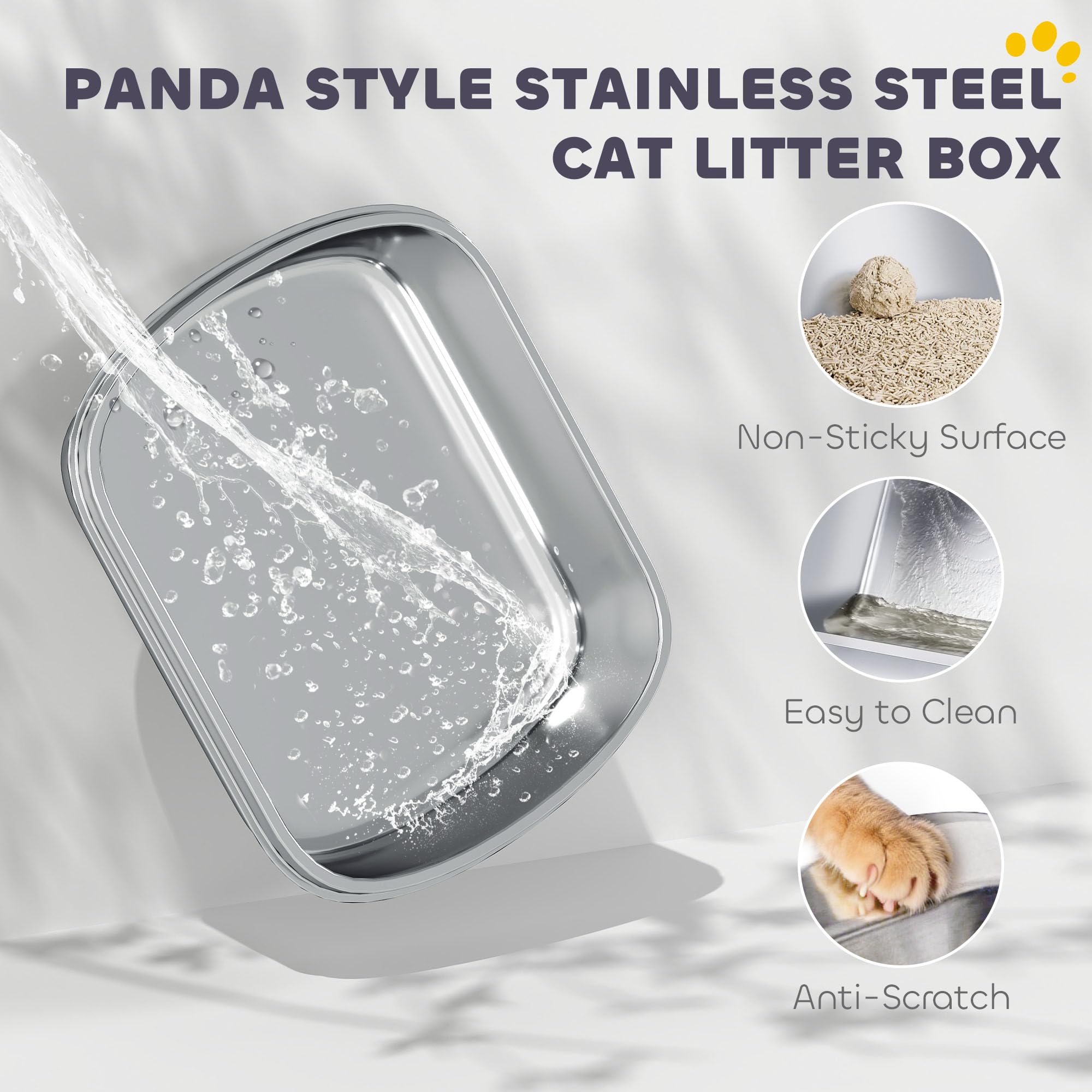 PawHut XL Bandeja Sanitaria de Acero Inoxidable con Tapa, Bandeja Sanitaria Extra Grande con Pala y Tapa abatible 180°, antifugas, Antiadherente, antiolor, fácil de Limpiar, para Gatos Grandes,
