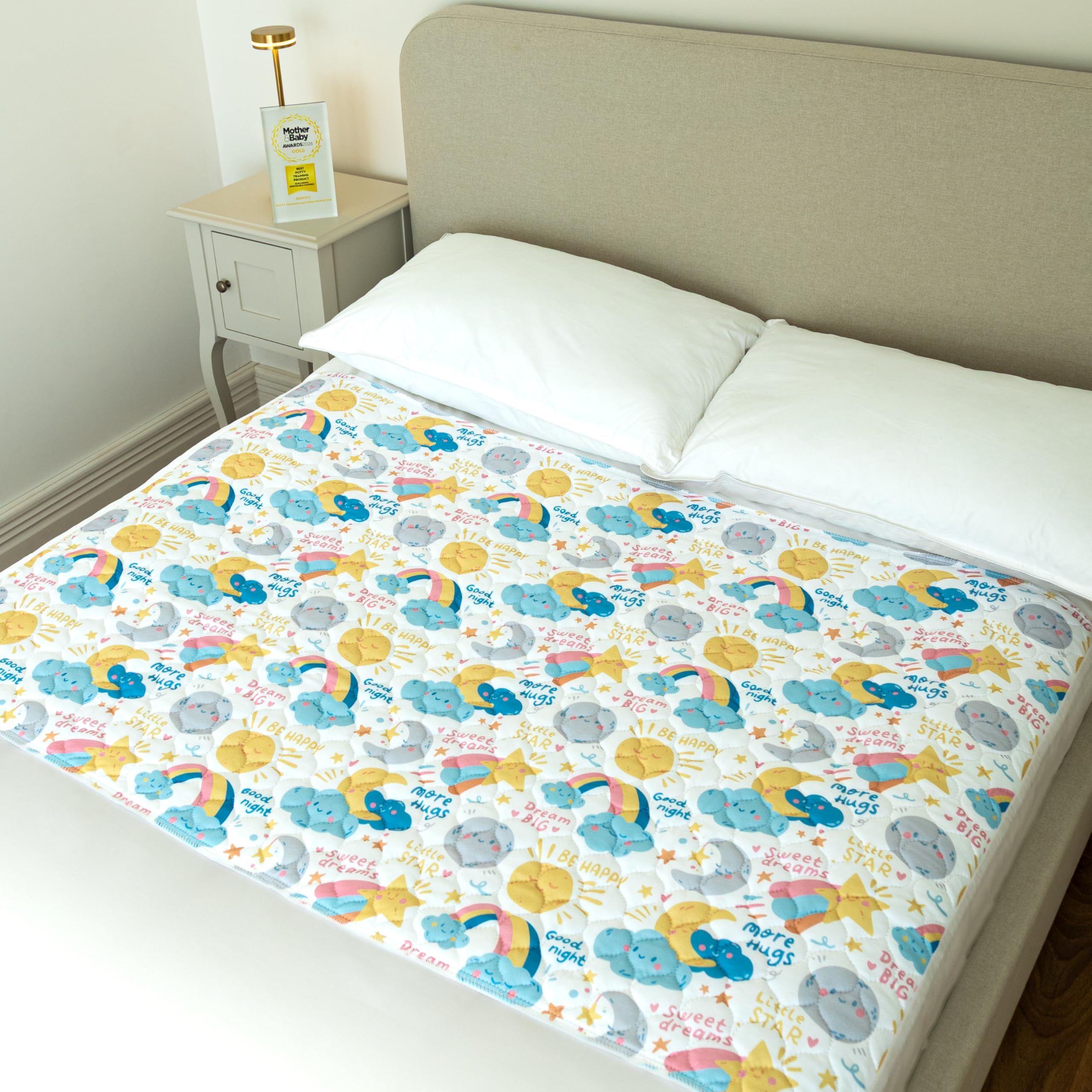 Bedwetz Potty Training Bed Pad – Waterproof Mattress Protector for Double Beds, Washable 5-Layer Bed Wetting Sheet with Non-Slip Wing Tucks | Moon