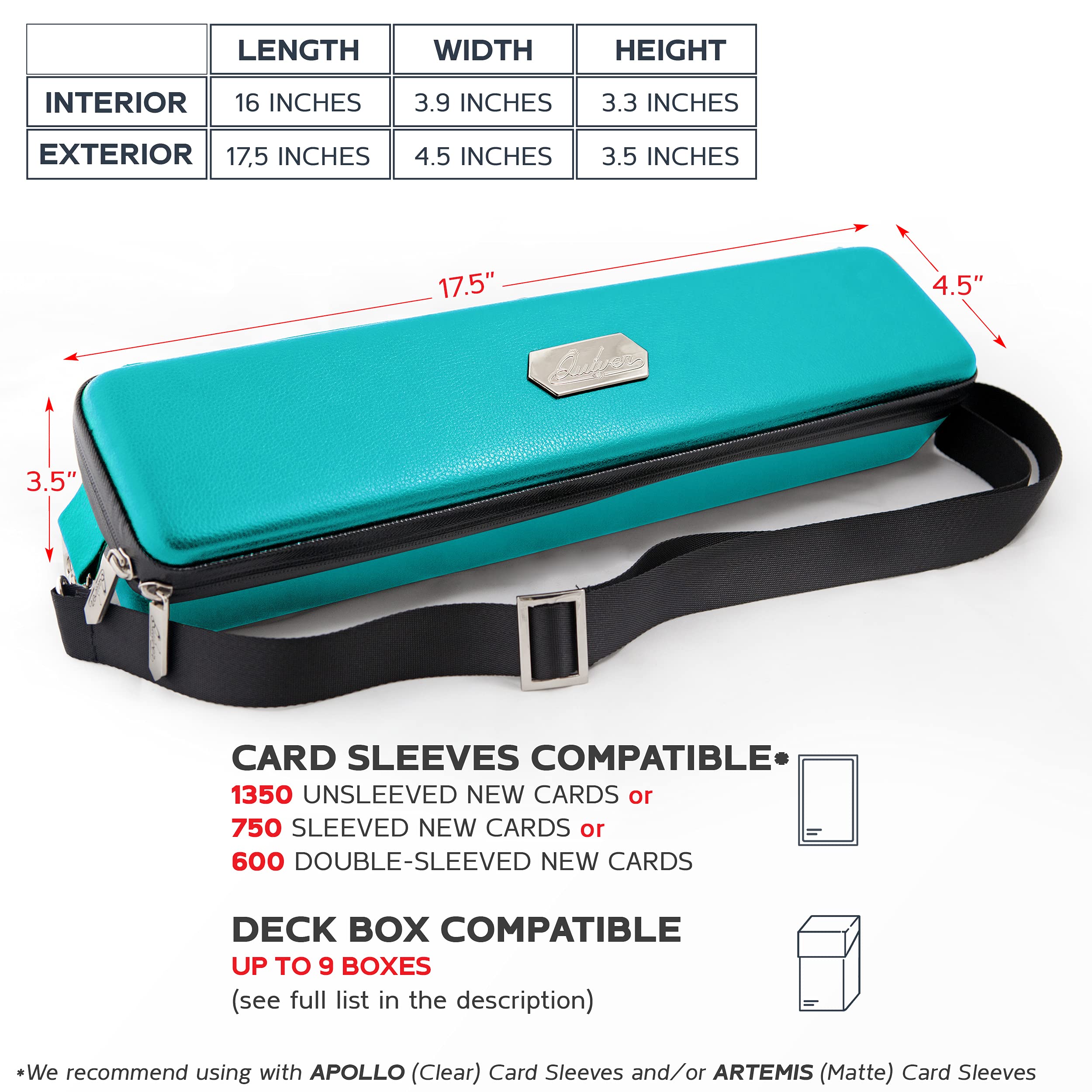 Quiver Time Custodia Portacarte Turchese, Valigetta Deckbox TCG | Contiene 1350+ carte, similpelle PU, divisori regolabili in velcro, tracolla, 100 bustine Apollo incluse, per MTG Commander