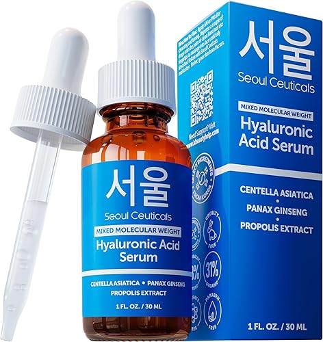 SeoulCeuticals Suero de ácido hialurónico coreano para la cara, ácido hialurónico de alto peso molecular y bajo peso molecular, suero centella +