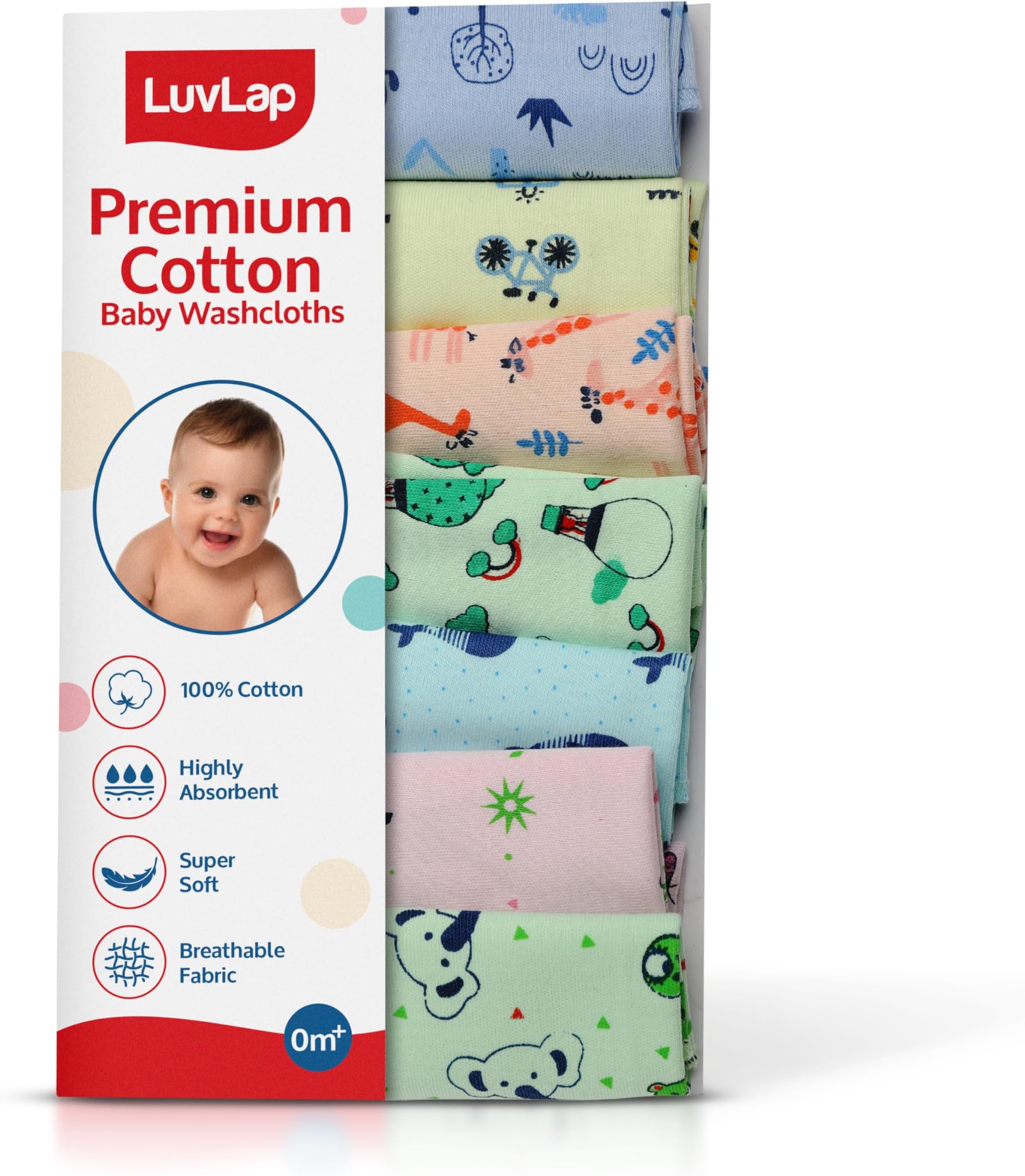 Luv Lap Hosiery Cotton Cloth Premium Baby Washcloth for New Born, Washable, Reusable, Absorbent, Extra Soft Face Towels/Washcloth for Babies, Giraffe Print, Pack of 7 Pcs, Multicolour