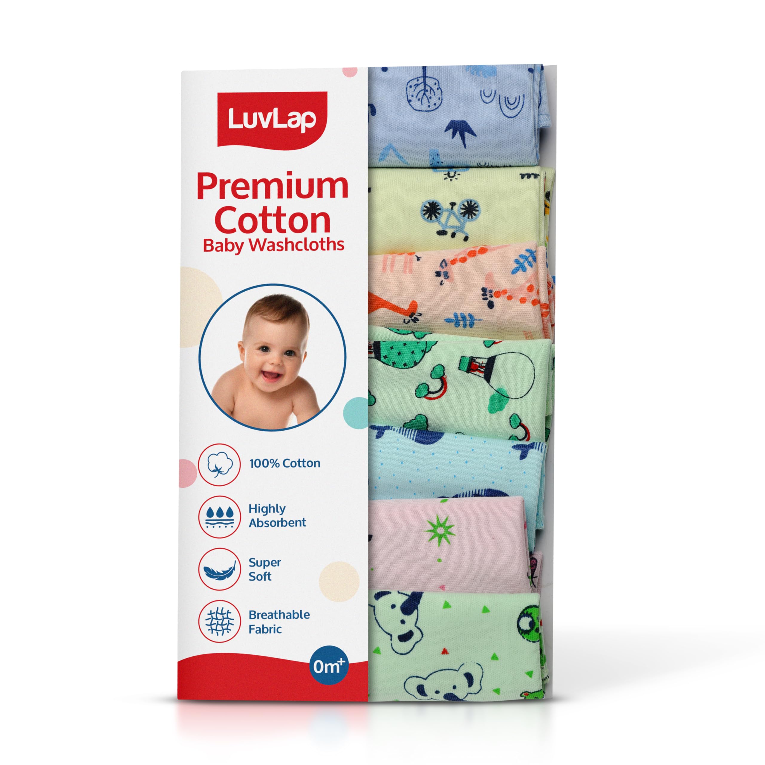 Luv Lap Hosiery Cotton Cloth Premium Baby Washcloth for New Born, Washable, Reusable, Absorbent, Extra Soft Face Towels/Washcloth for Babies, Giraffe Print, Pack of 7 Pcs, Multicolour
