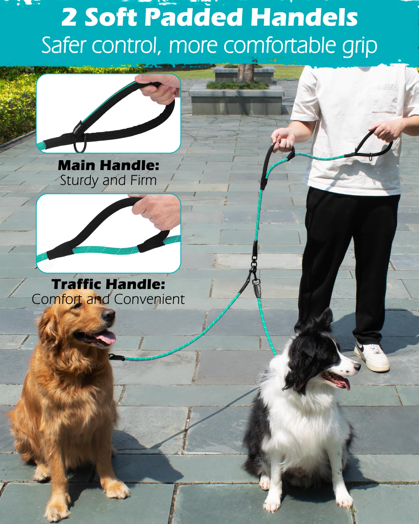 PetBonus Rope Double Dog Lead, No Tangle Dual Lead, Reflective Walking Training Leash with Two Comfortable Padded Handles - Image 4