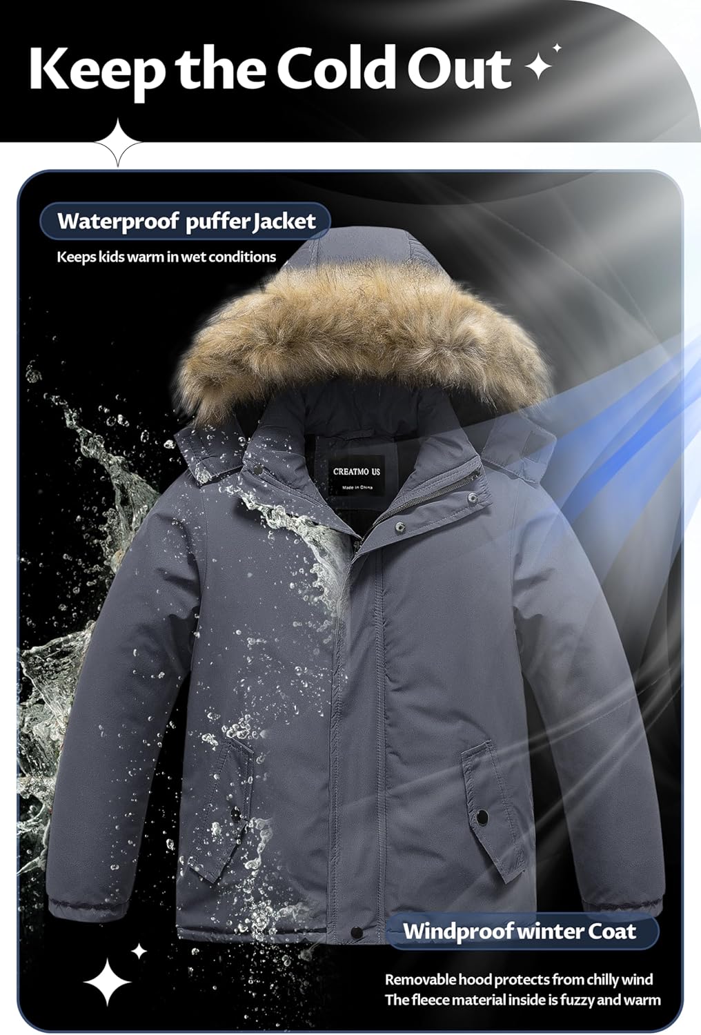 CREATMO US Boys' Waterproof Snow Coat Parka Windproof Winter Jacket With Detachable Fleece Hood - Image 5