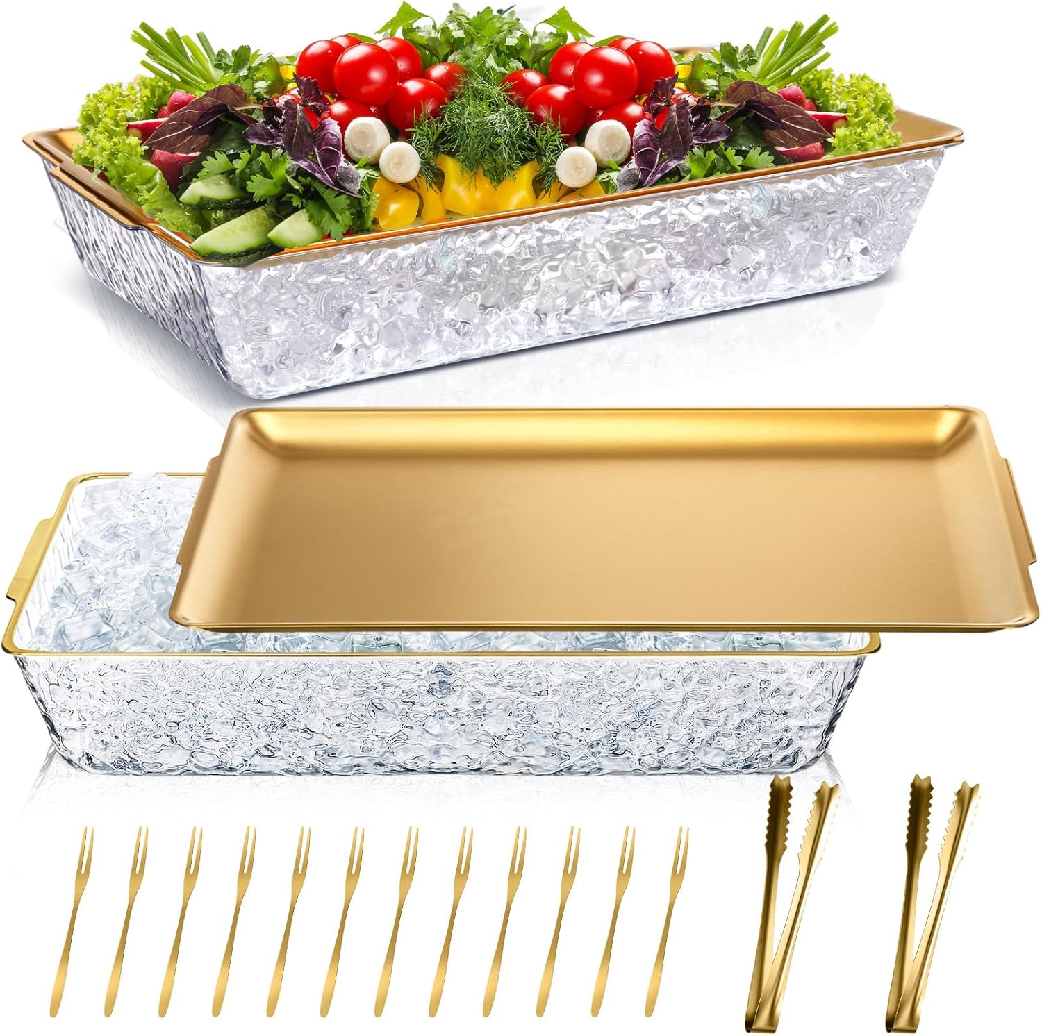 Baderke 2 Set 16 x 9.45 Chilled Serving Tray for Parties with Compartments Ice Chilled Party Platter Charcuterie Serving Board with Forks Tongs for Fruit Seafood Vegetable Appetizer (Gold)