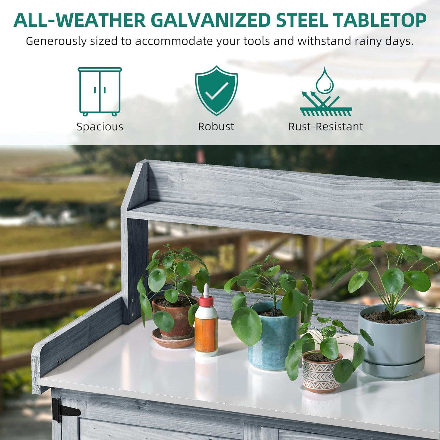 YITAHOME Solid Wood Potting Bench Table with Folding Pallet and Metal Tabletop, Outdoor Storage Cabinet Planting Table Garden Work Bench for Garden, Backyard, Grey