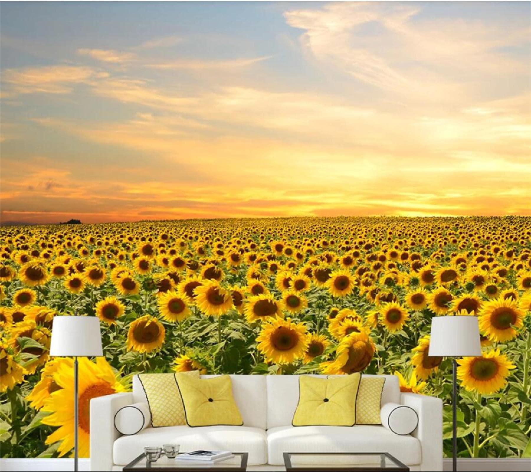 Samoprzylepna naklejka ścienna 3D, 200 x 100 cm, tatuaż ścienny - naklejka na ścianę - folia winylowa, niebo, rośliny, słoneczniki, dekoracja salonu, sypialni