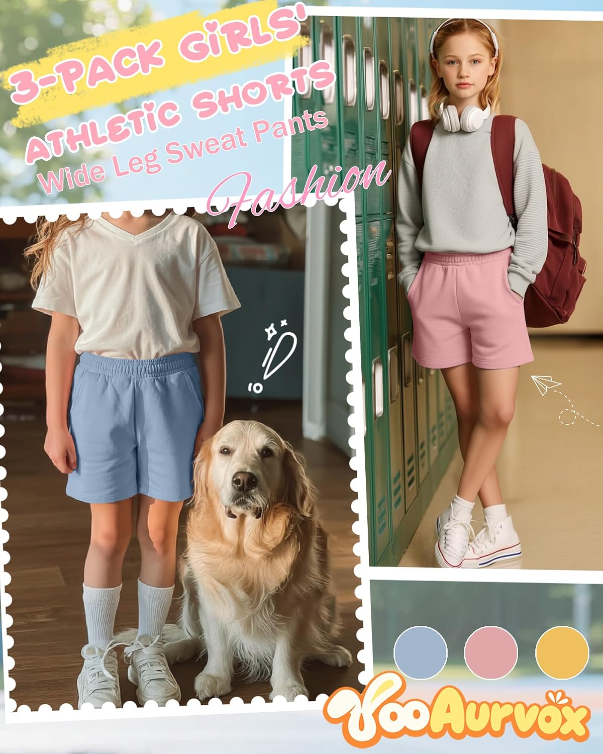 3 Pack Girls Shorts Kids Wide Leg Athletic Shorts Casual Summer Elastic Waist SweatShorts with Pockets 5-14 Years