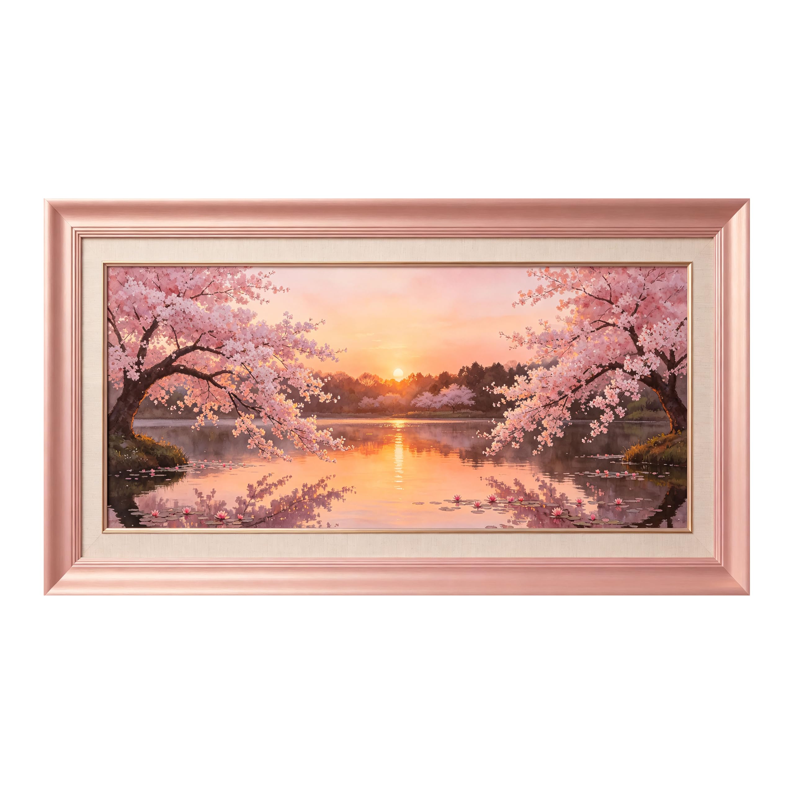 Yzpallescene Art260711230 3D Framed Wall Art Cherry Blossom Lakeside Sunset Watercolor Panoramic Large Size Selfadhesive Removable Wall Decor Prints Artwork For Living Room Bedroom Office