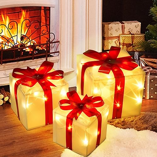 Miniatura 7 de Cajas de regalo iluminadas para decoración del día de San Valentín, juego de 3 cajas de regalo con luz LED preiluminada, juego de adornos de Navidad