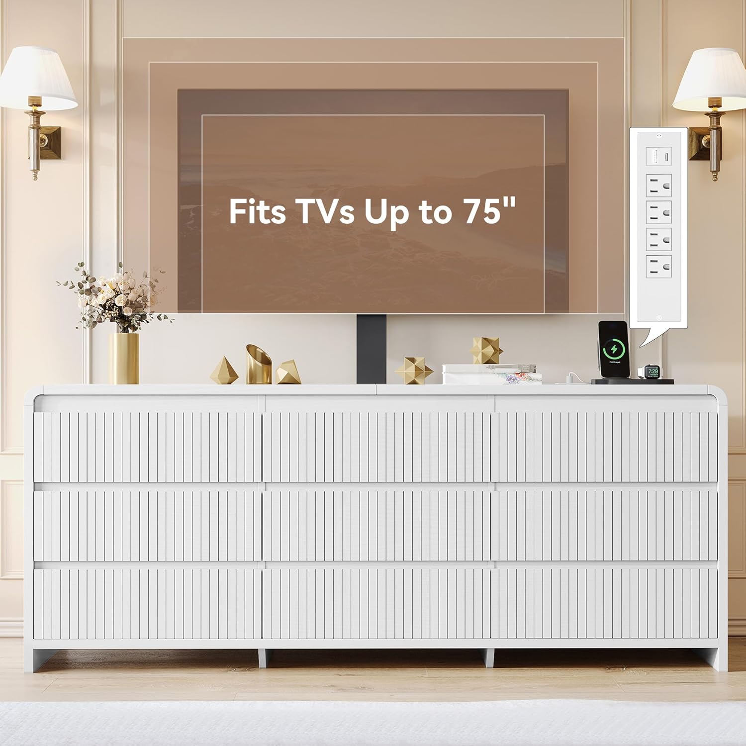 9 Drawers TV Stand with Mount for 26''-75'' TVs, 63 Inch Entertainment Center w/Pow...