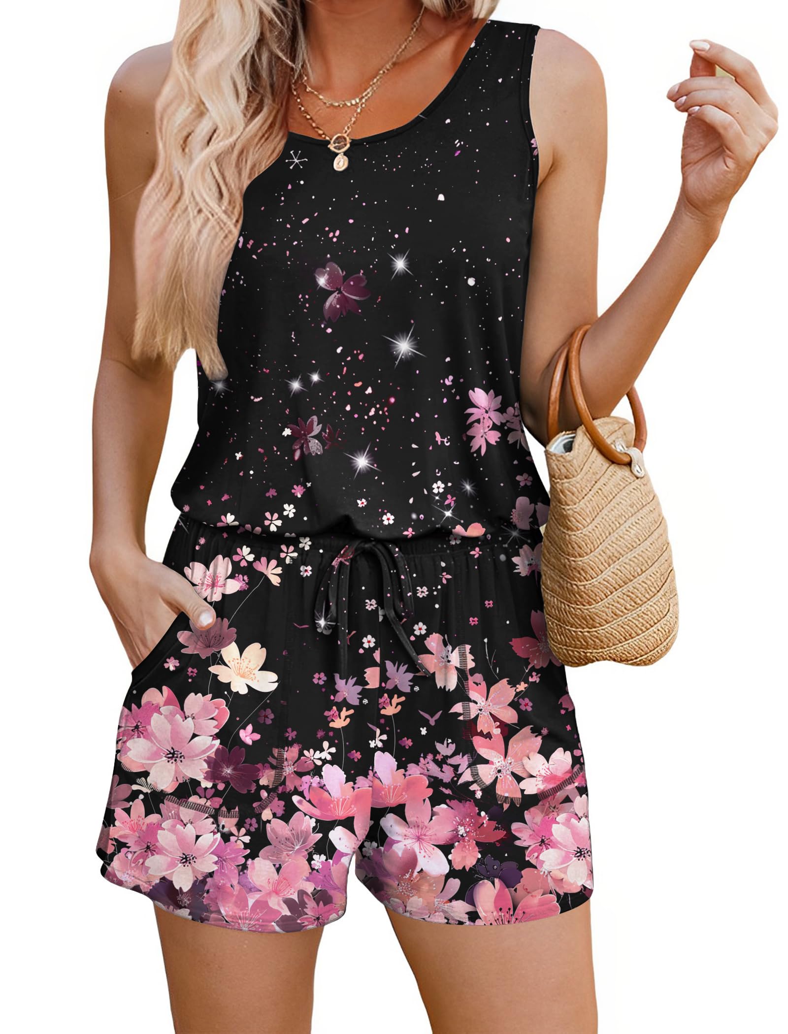 ADOME Rompers for Women Summer Sleeveless Scoop Neck Tank Top Casual Short Jumpsuit Rompers with Pockets