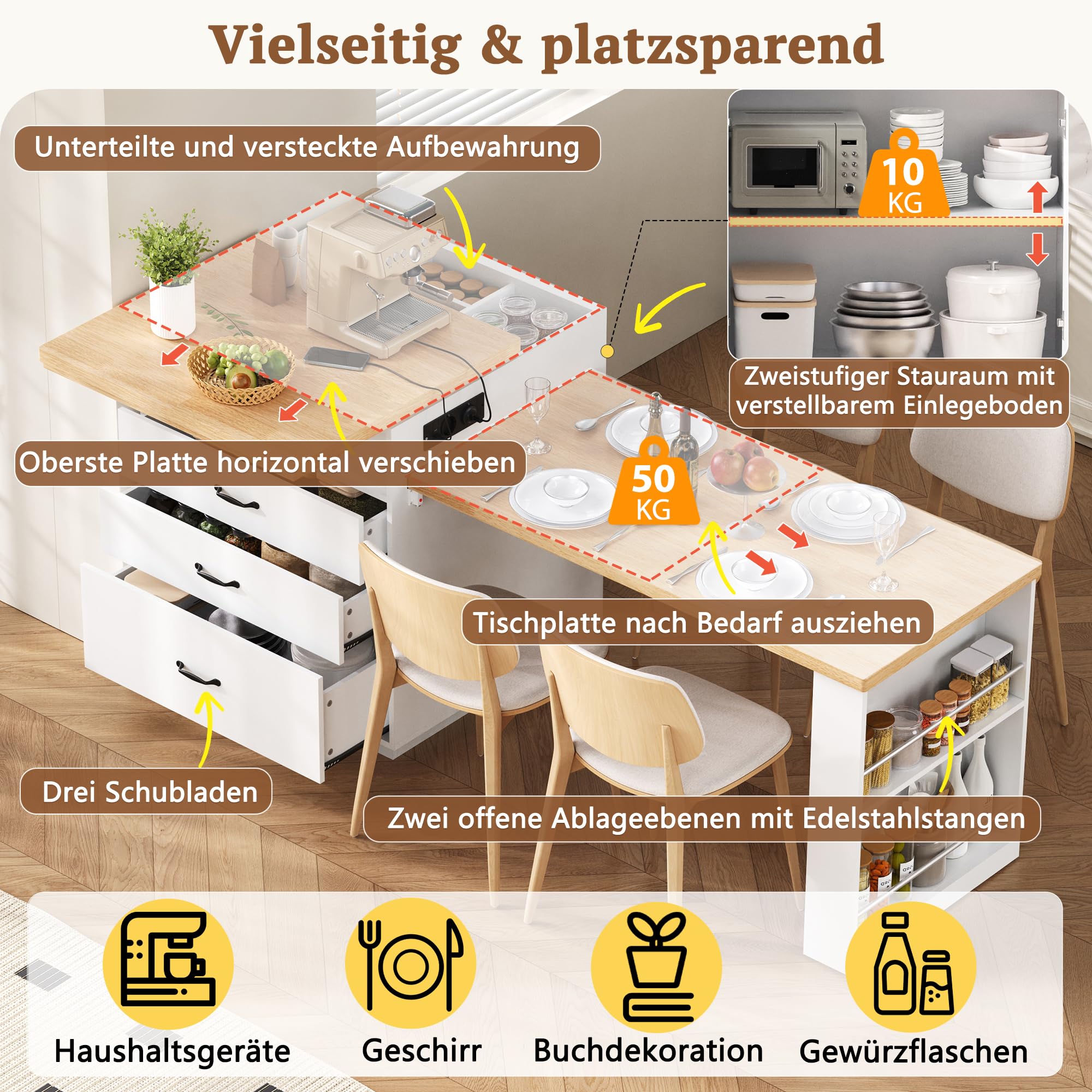 Wyspa kuchenna na kółkach, wysuwany stół do jadalni z oświetleniem LED, stół kuchenny z listwami zasilającymi, służy jako wyspa kuchenna, kredens, stolik barowy do kuchni i jadalni (biała)
