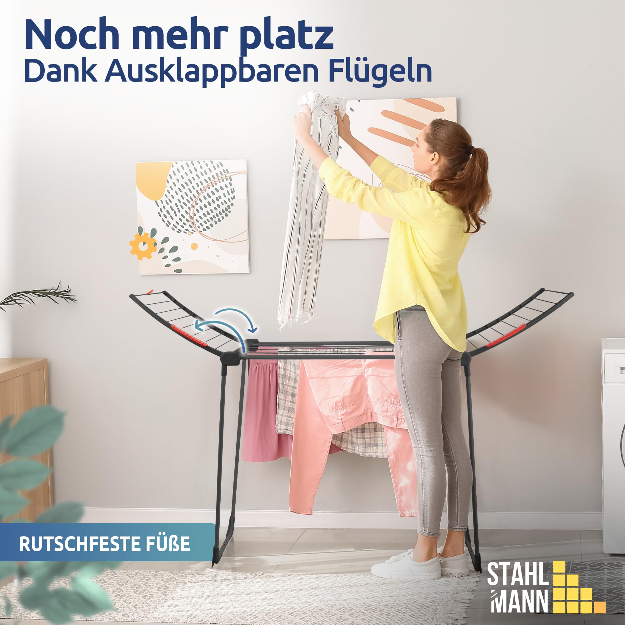 STAHLMANN ® Wäscheständer Schwarz [18M Trockenfläche ] - Flügelwäscheständer [Made IN EU] 1,05 M Flügel ideal für Lange Kleidungsstücke - Wäscheständer platzsparend