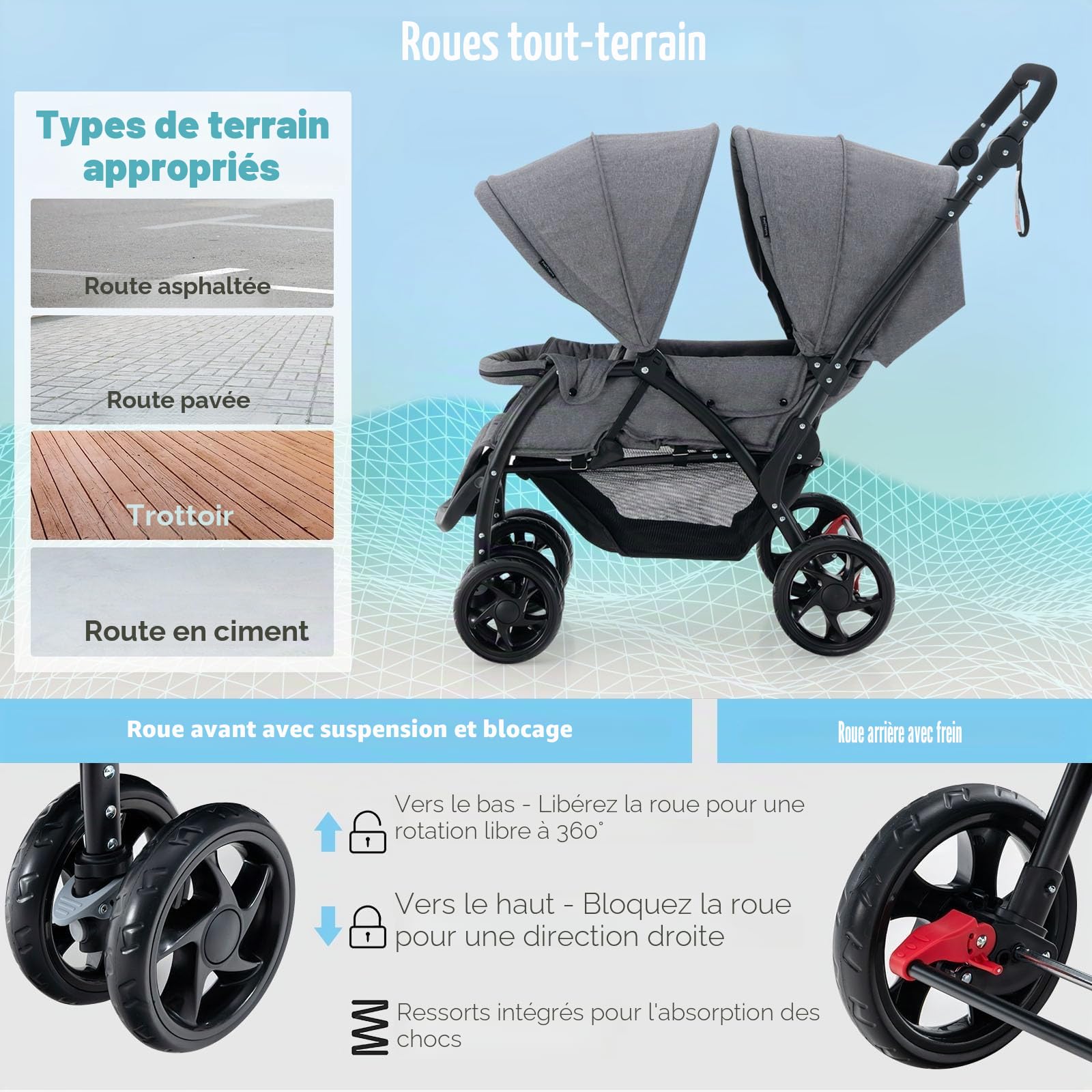 FANTASK Poussette double pliable avec dossier et capote réglables - Pour bébé à partir de 6 mois - Charge maximale : 30 kg - Gris