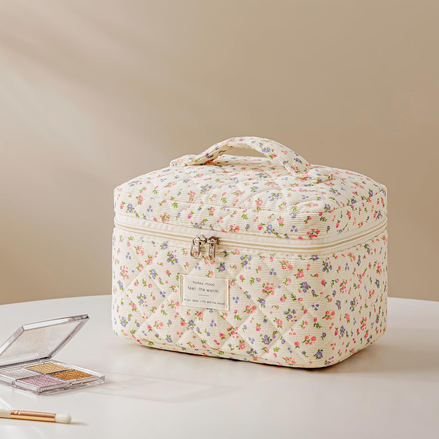 HBselect Quilted Makeup Bag, 3PCS Cotton Large Travel Makeup Bag, Cute Floral Coquette Make up Bag Cosmetic Bag Toiletry Bag for Women Girls - Image 5