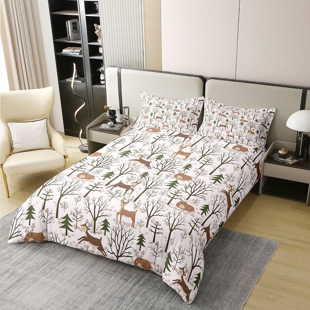 Set di biancheria da letto con bandiera americana, copripiumino con cervi per bambini, ragazzi, ragazze, caccia al cervo, corna e animali selvatici, 1 copripiumino con 2 federe per letto matrimoniale