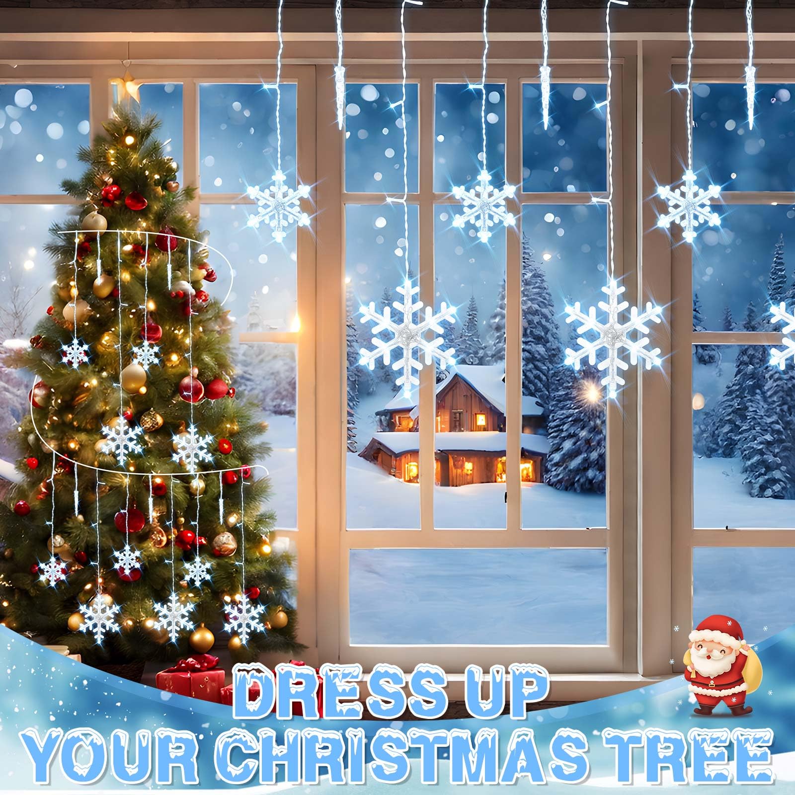 Glooglitter Rideau lumineux de Noël en forme de stalactites de 2,4 m, 129 LED pour extérieur, 19 gouttes, flocons de neige et stalactites pour jardin, cour, intérieur et extérieur