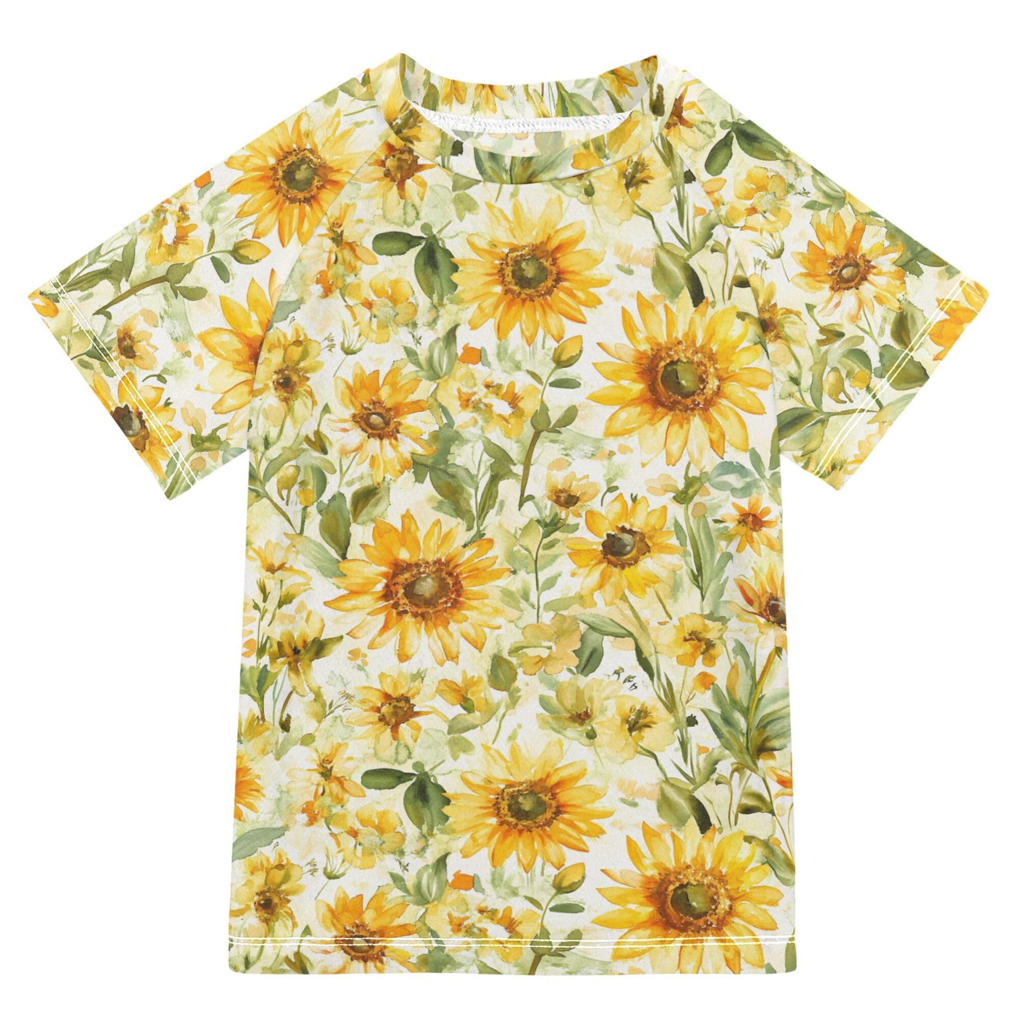 Sunflower Summer Gloden Girls Bathing Suit UV Protection Rashguard Girls Swimwears Athletic Tops for Youth Boys 11-12Y