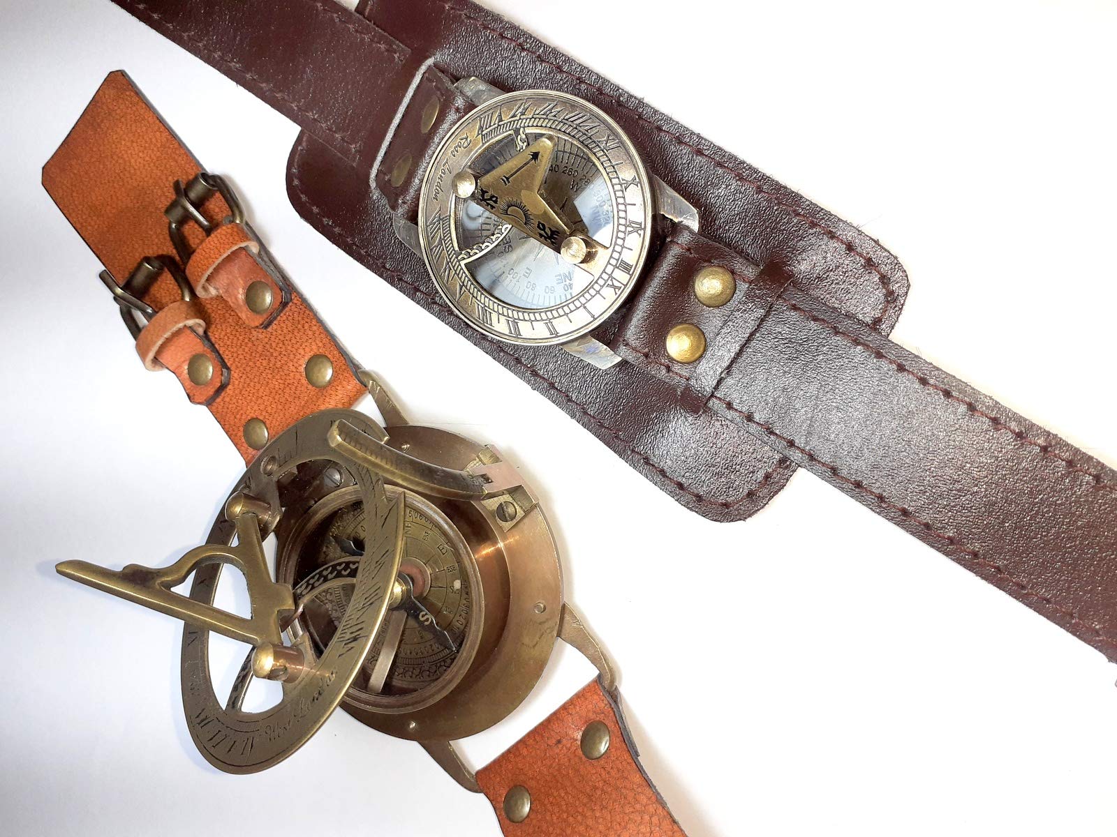 Reloj de pulsera Steampunk con brújula de latón y reloj de sol con correa de cuero, reloj solar de aprox. 15.4 x 6.4 x 2.9 pulgadas, Marrón, Antiguo