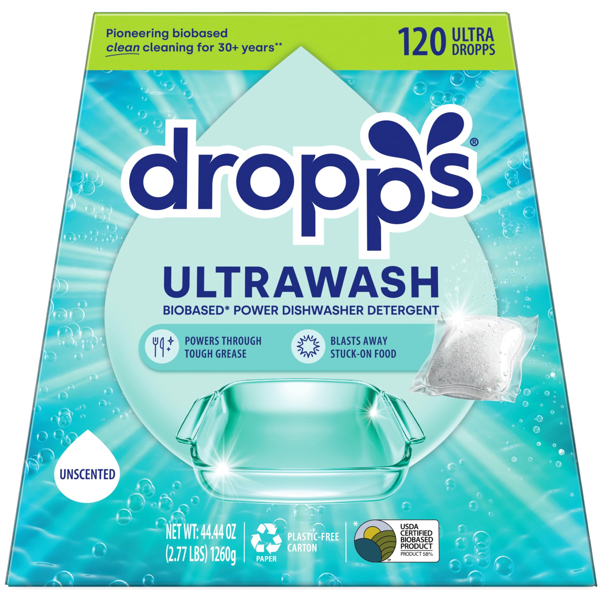 Dropps UltraWash Dishwasher Pods, Unscented (120 Count) - Biobased Power Deep Clean Dishwasher Detergent Tablets for Sparkling Shiny Dishes - No Rinse Aid or Pre-Wash Needed - Dishwashing Pods