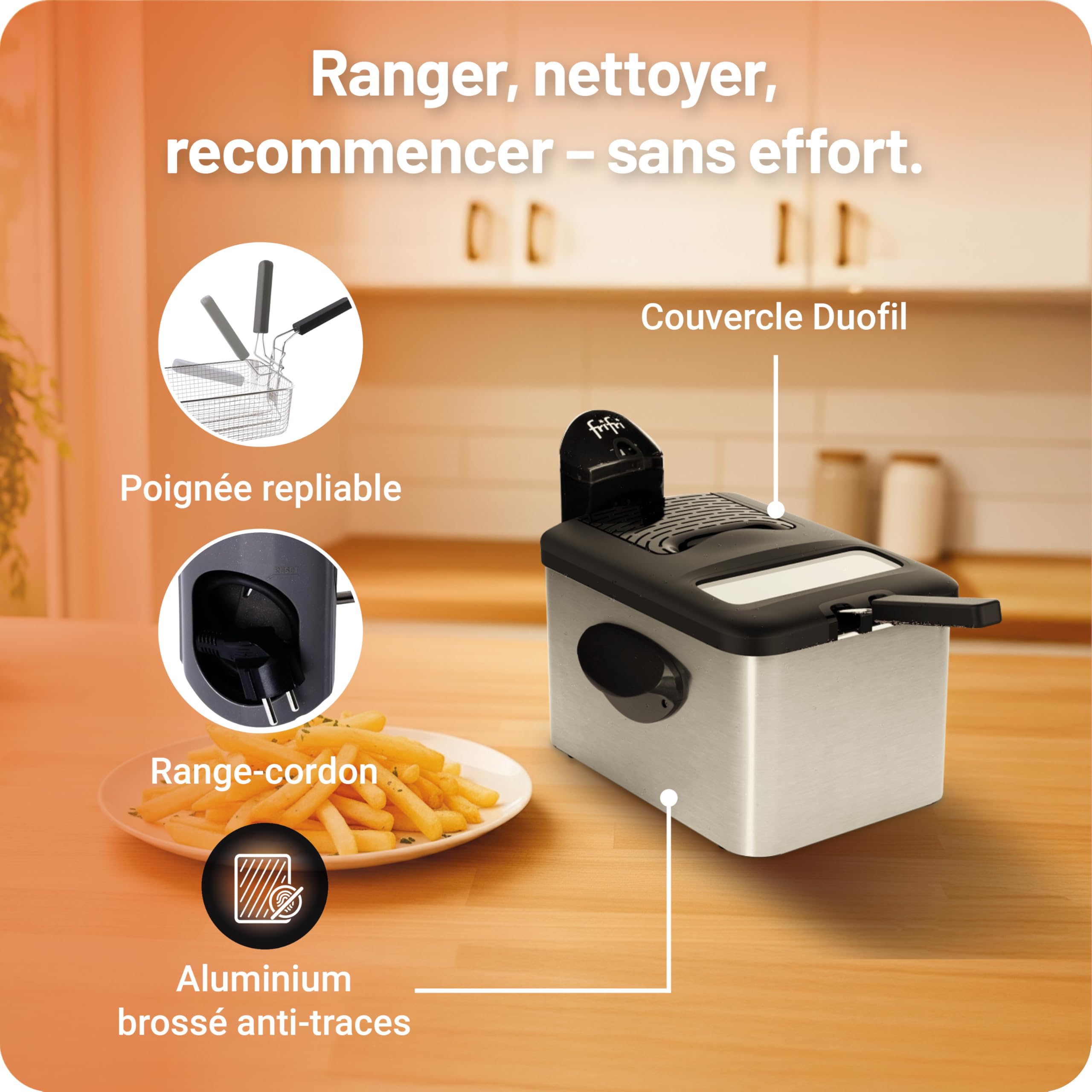 frifri Friteuse Expert 4,5L DUO 3200W - Design Rectangulaire,Tête de Chauffe Brevetée, Facile à Nettoyer - Aluminium