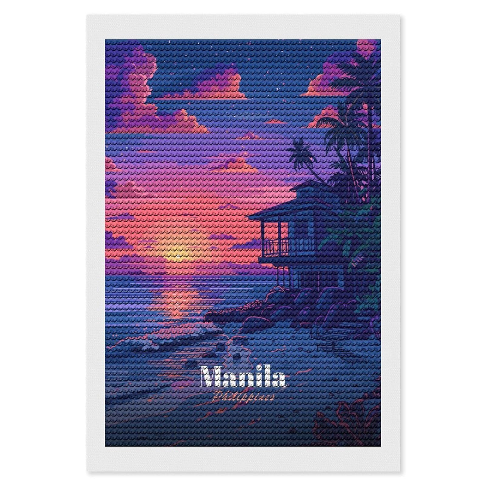 Junmoney Manila Philippines Sunset Beach House Diamond Painting Kit 8"x12", Easy Handmade Project, Cosy Home Accent, for Craft Lovers, Holiday Gift Idea