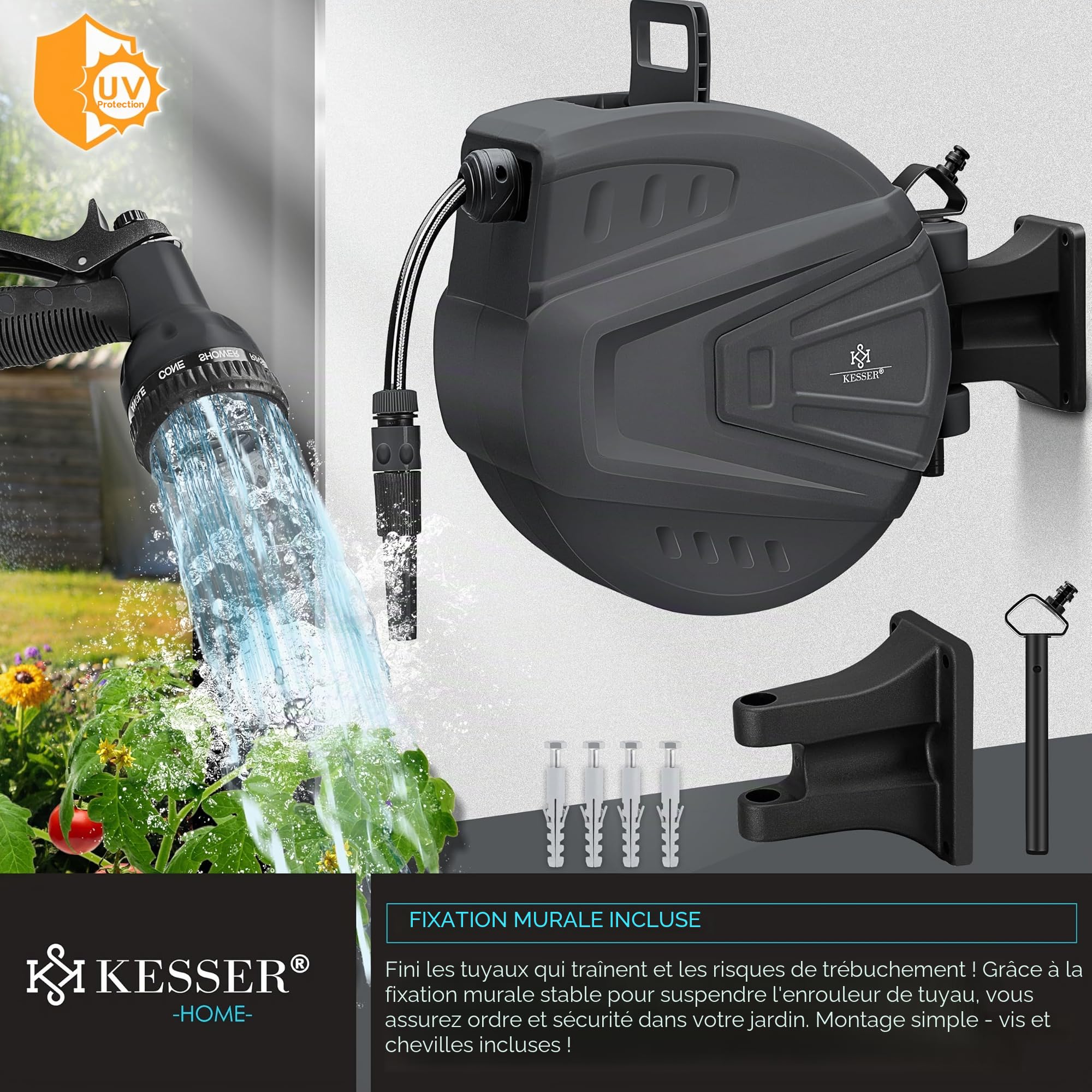KESSER® Bobine de tuyau automatique 30 m + 2 m, boîte murale de tuyau avec automatisation de déroulement, enrouleur de tuyau avec tuyau de jardin, pivotant à 180° + douchette multi avec 9 modes, incl
