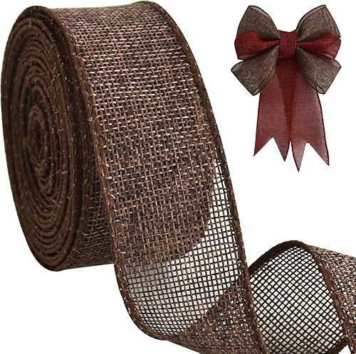 TONIFUL Cinta de arpillera con alambre, cintas de arpillera sintética de 1-12 pulgadas, cinta de arpillera marrón para Navidad, decoración del