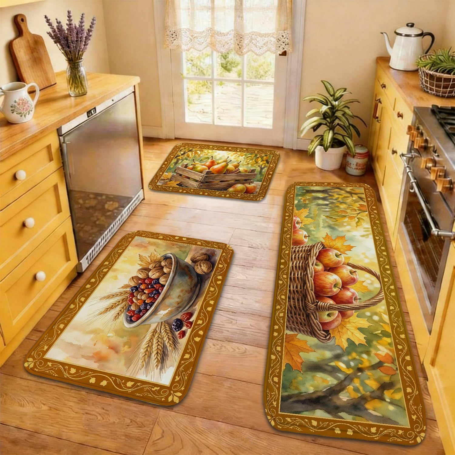 Tapis de cuisine lot de 3 design rustique d'automne pour un sol d'évier chaleureux