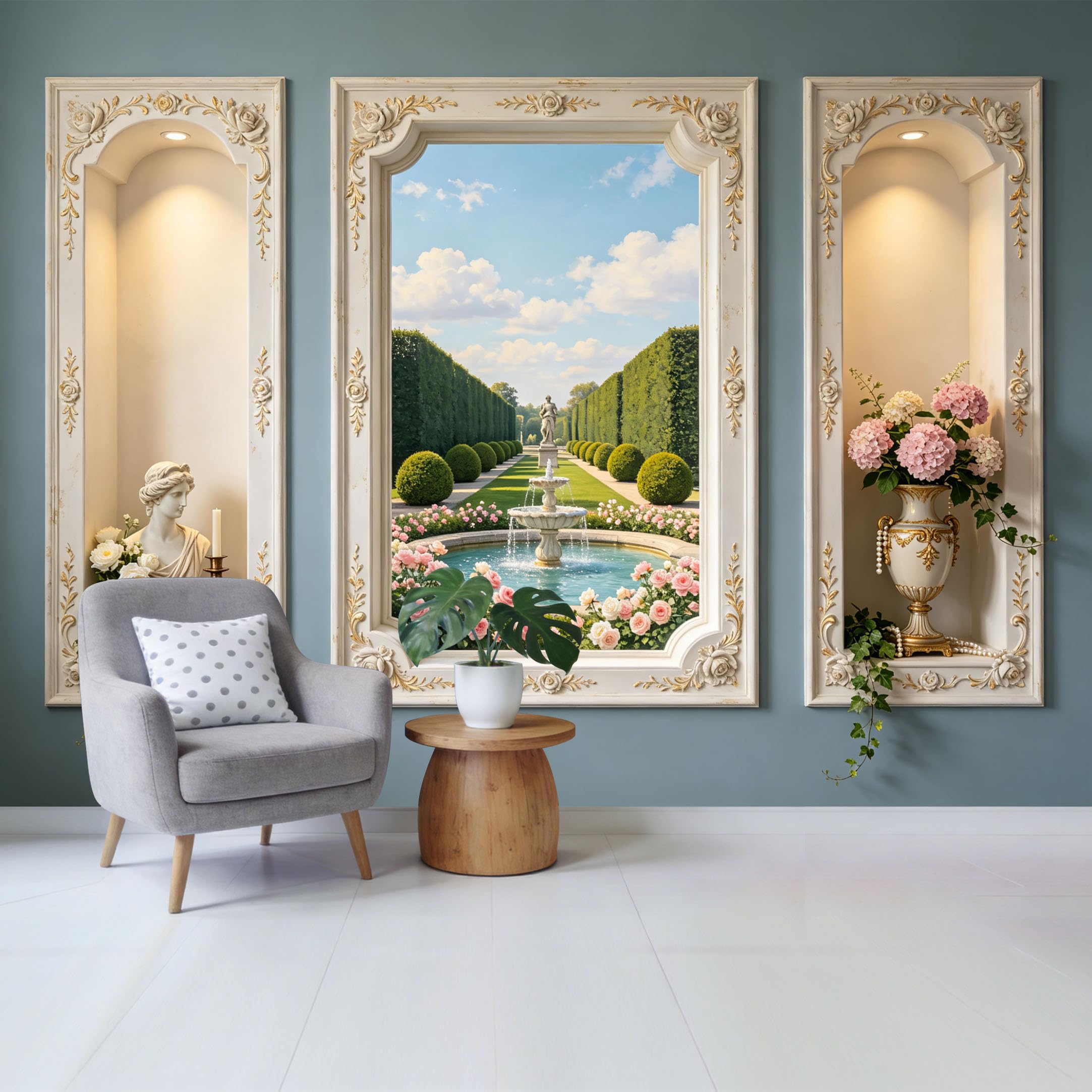 Removable Self Adhesive Fabric Mural， Neoclassical Garden Fountain Landscape Custom Size Wall Covering， UV Protected Waterproof Washable Wall Decor for Living Room Bedroom Bathroom