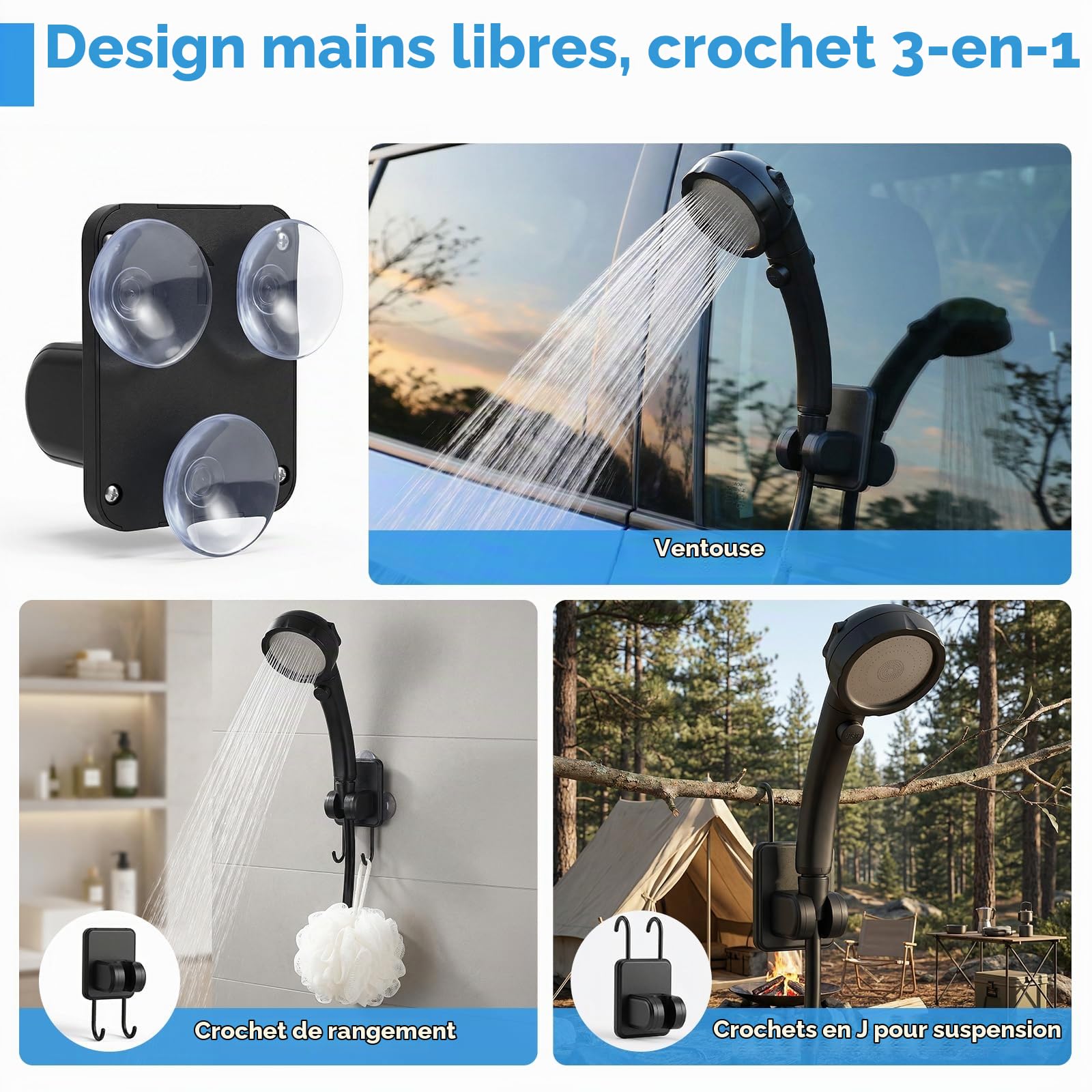 Kit de douche portable de camping avec carafe d'eau de 18 litres, pompe de douche rechargeable IPX8, étanche IPX8, 5 modes de pression, réservoir d'eau sans BPA pour le camping, la randonnée, la plage
