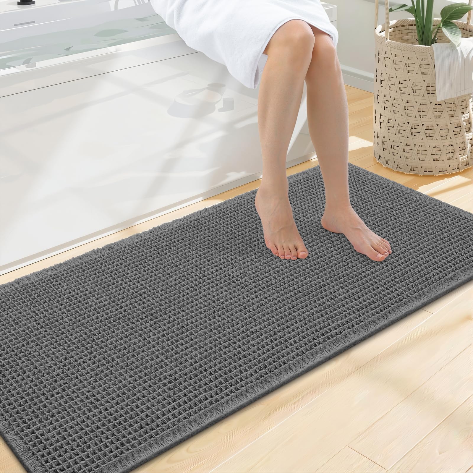 Smiry Waffle Bath Mat 47X20, Extra Soft Absorbent Bathroom Rugs, Dark Grey