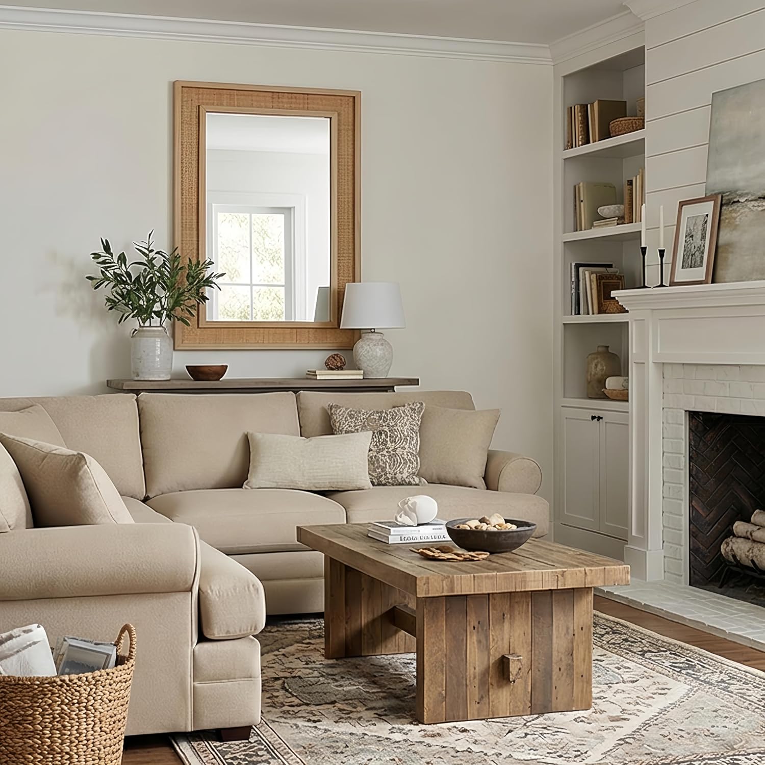 Rattan Rectangle Wall Mirror with Solid Wood Frame, Farmhouse Decorative Mirror for Bathroom, Living Room, Entryway, Bedroom, Rustic Boho Wall Mounted Mirror