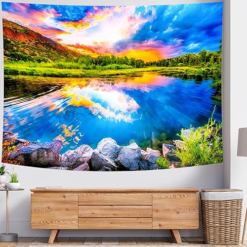 Miniatura 3 de Delur Tapiz con diseño de lago y atardecer, bosque y naturaleza, tapiz para colgar en la pared, tapiz de árbol escénico de montaña, tapiz