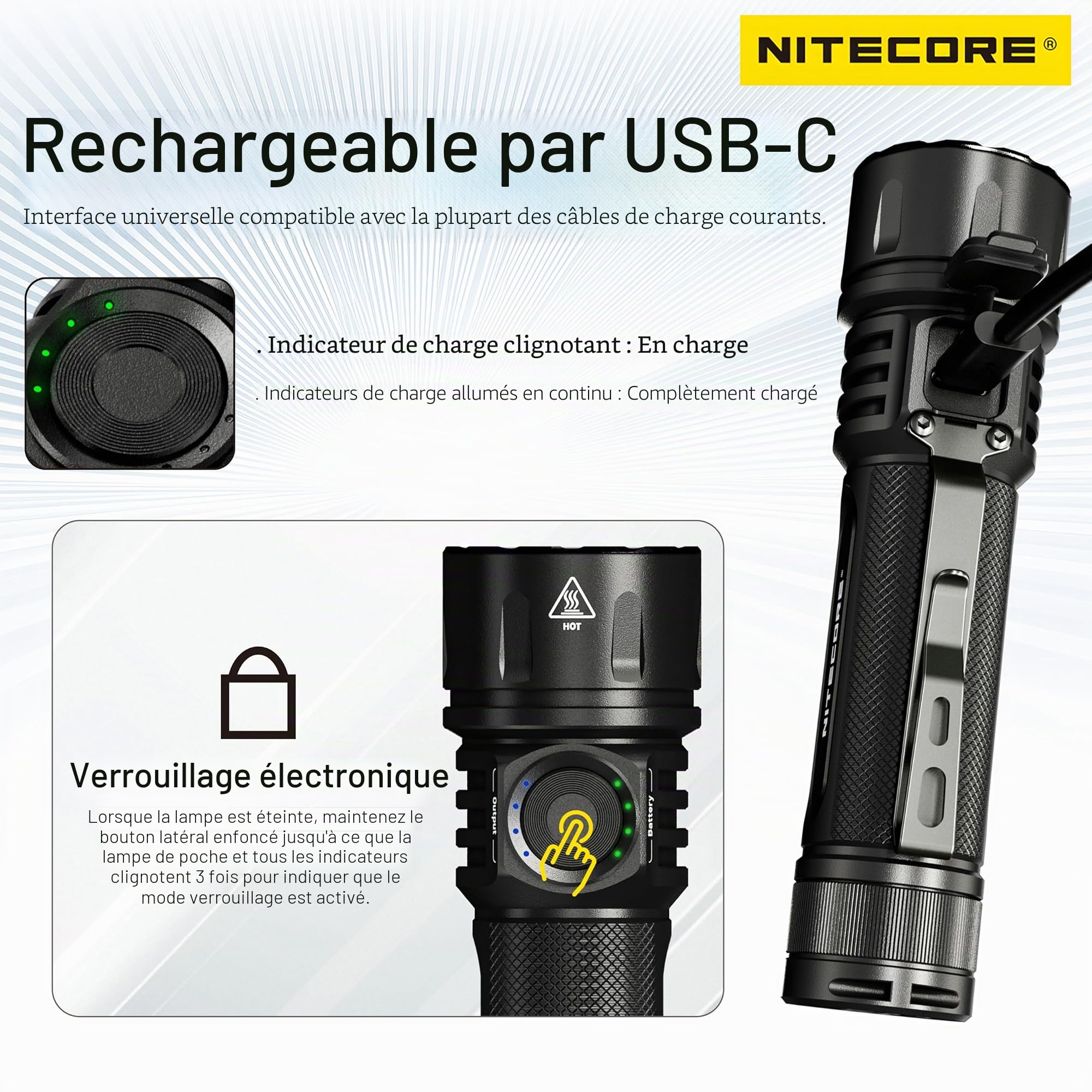 Lampe torche EX7-6000Lm - Lg : 130mm - Dia-tête : 35mm, Noir