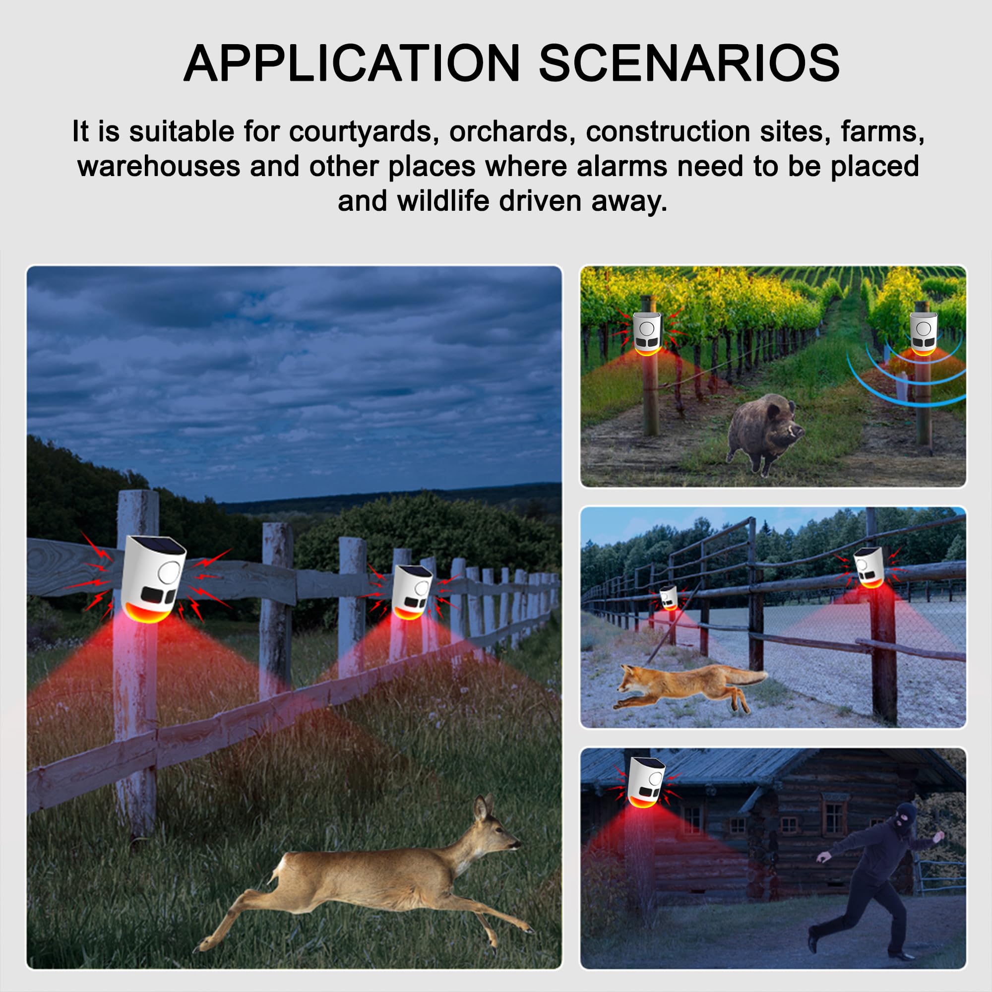 Alarma Solar con Sensor de Movimiento para Exteriores, 110 dB, Fabricante de Ruido Fuerte, 4 Modos de Trabajo, luz estroboscópica con USB para el hogar, Villa, Patio, gallinero, Granja, Granero