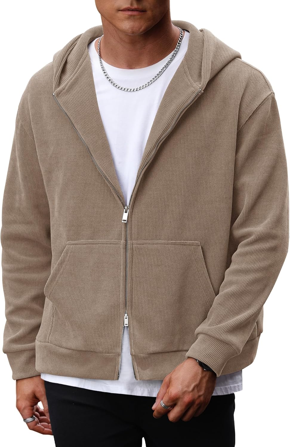 Mens Cropped Zip up Hoodie Jacket Corduroy Heavyweight Double Zipper Sweatshirts (S-XXL)