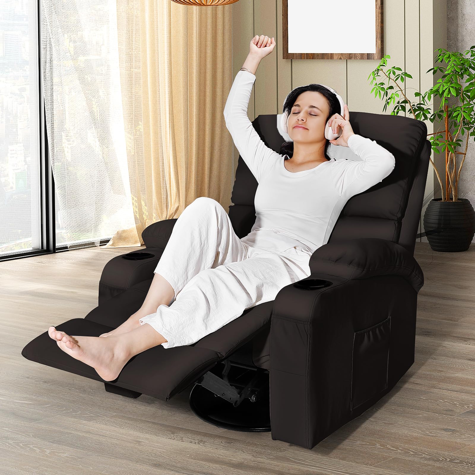 Schaukelstuhl mit Relaxfunktion, Massagesessel mit Vibration und Wärme, USB- und Type-C-Anschlüsse, 360° drehbare Kunstledersessel, Wohnzimmer, Schlafzimmer, Kinderzimmer, Wohnmobil, Braun