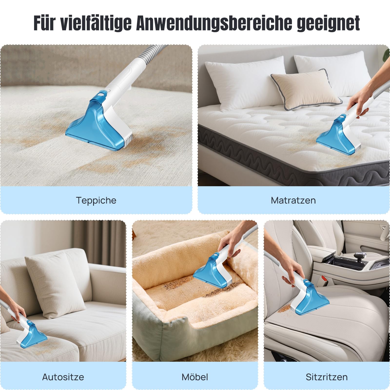 Akku Spot Cleaner, 3-in-1 Teppichreiniger mit 2 x 21V Akku, 600ml Frisch-/Abwassertank, Tragbarer Polsterreiniger für Sofa, Teppich, Matratze, Autositze, Tierhaare & Flecken