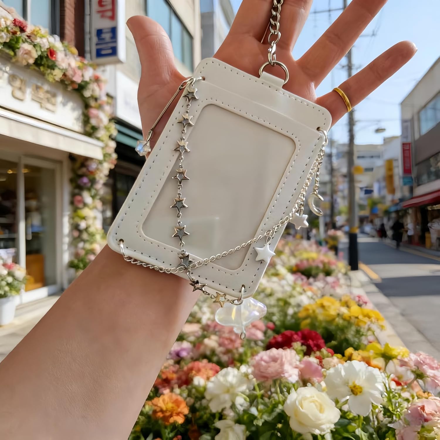 Kpop Photocard Holder Keychain with Star Cloud Chain Keychain, Aesthetic Badge ID Card Holder, Bag Charm (White) image 3