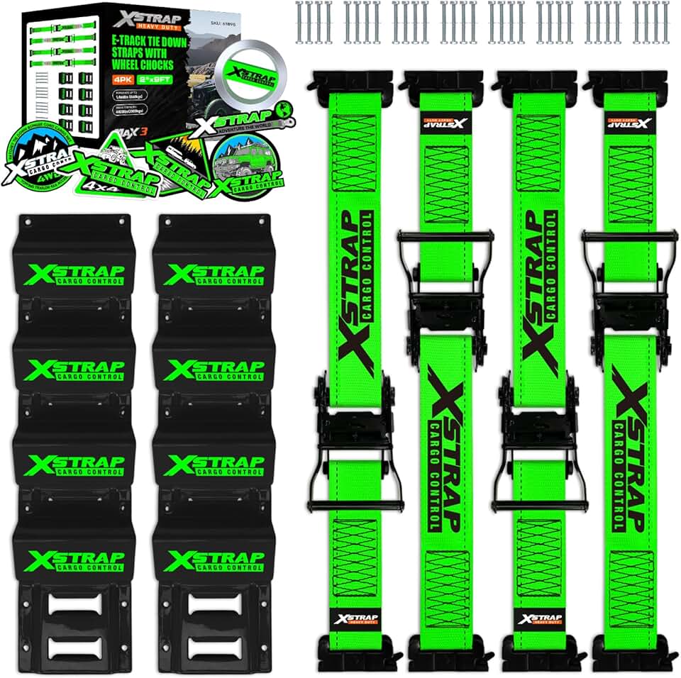 XSTRAP STANDARD Wheel Chock E-Track Tie Down Straps Kit, 4 Pack 2” x 9FT Over-The-Tire Ratchet Straps with Steel Wheel Chocks, 1466 lbs WLL for ATV, UTV, Lawn Mower, Trailer Hauling, Green