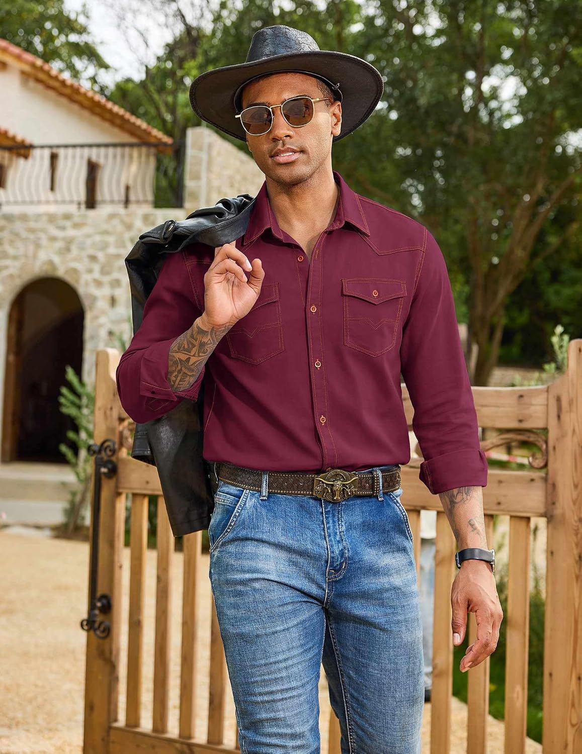 COOFANDY Men Western Cowboy Shirt Casual Button Down Work Shirt with Pocket